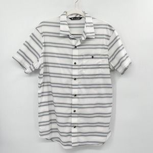Travis Mathews Striped Button Down Shirt White Size M Shirttail Hem Short Sleeve